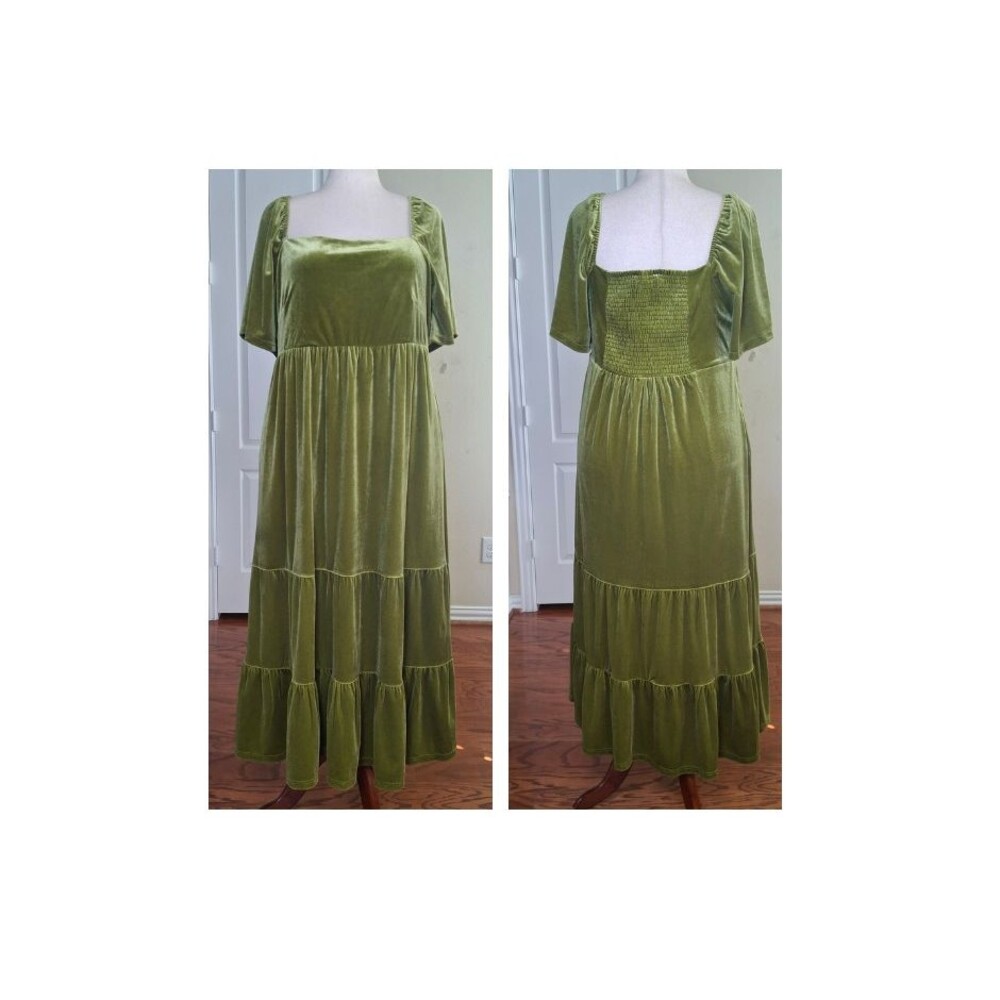 NEW Piper Scoot Paige Velvet Tiered Midi Dress Olive Green Fall Holidays Cottage